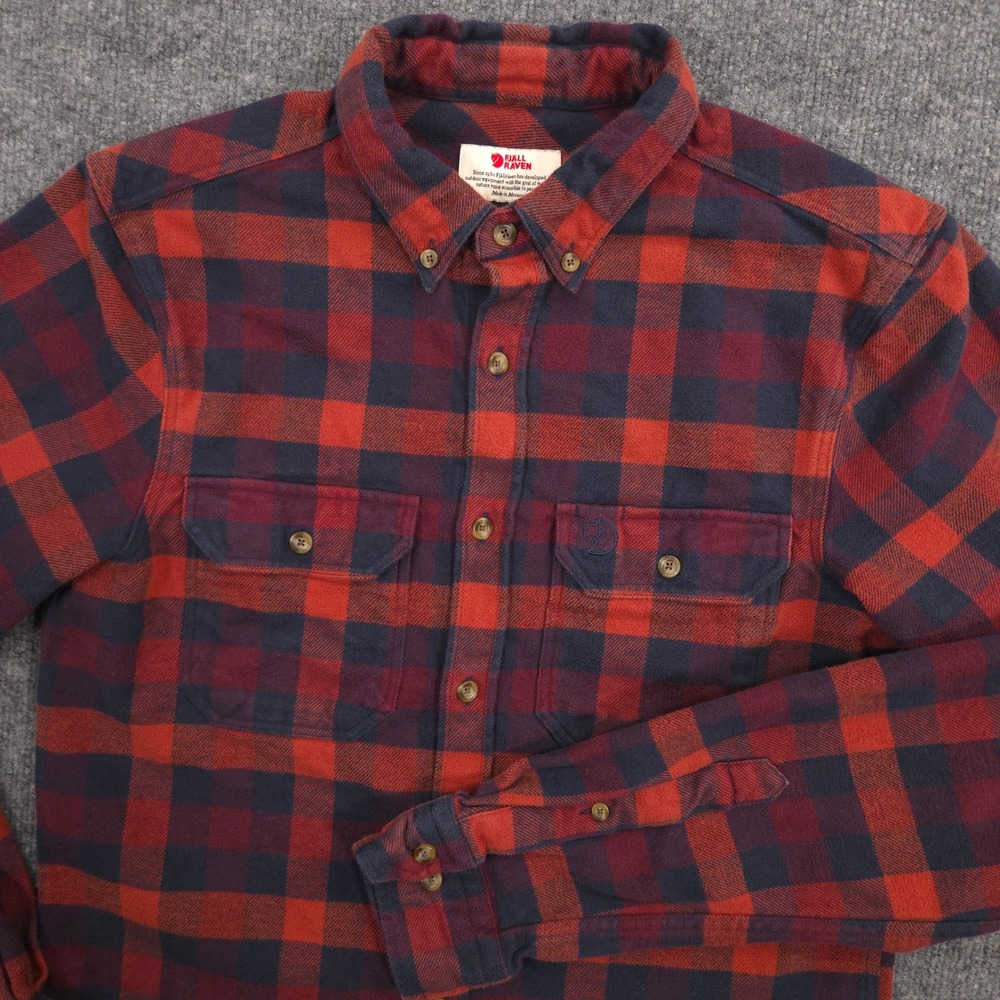 Fjallraven Skog Flannel Shirt Mens S Orange Check Slim Fit Flap Pockets Outdoor